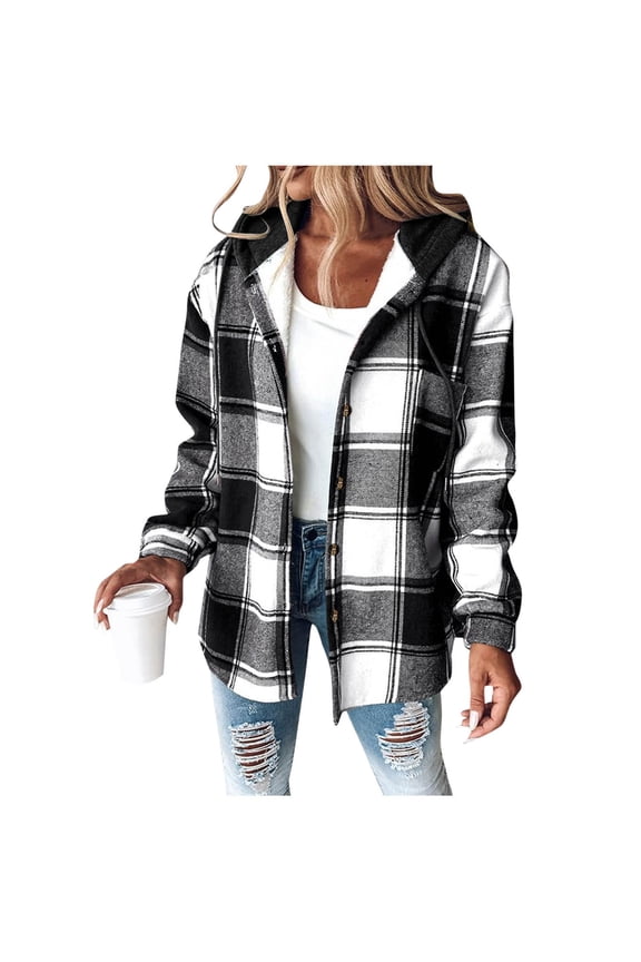 Women Plaid Hoodie Shirts - Women Fleece Lined Button-up Shirt Jackets - Female Winter Warm Casual Travel Long Sleeve Flannel Tops with Chest Pockets
