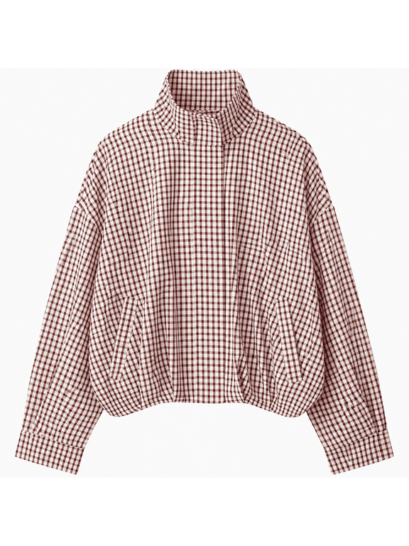 Women Plaid Jacket Oversized Zip Up Stand Collar Cropped Coat | Bomber Gingham jacket with Pockets, Lapel Collar, Long Sleeve, Loose Windbreaker Coats, Fall Spring Outfits, Streetwear