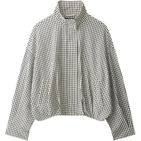 Women Plaid Jacket Oversized Zip Up Stand Collar Cropped Coat, Gingham Bomber Jacket with Pockets Long Sleeve Casual Windbreaker Outerwear for Fall Spring