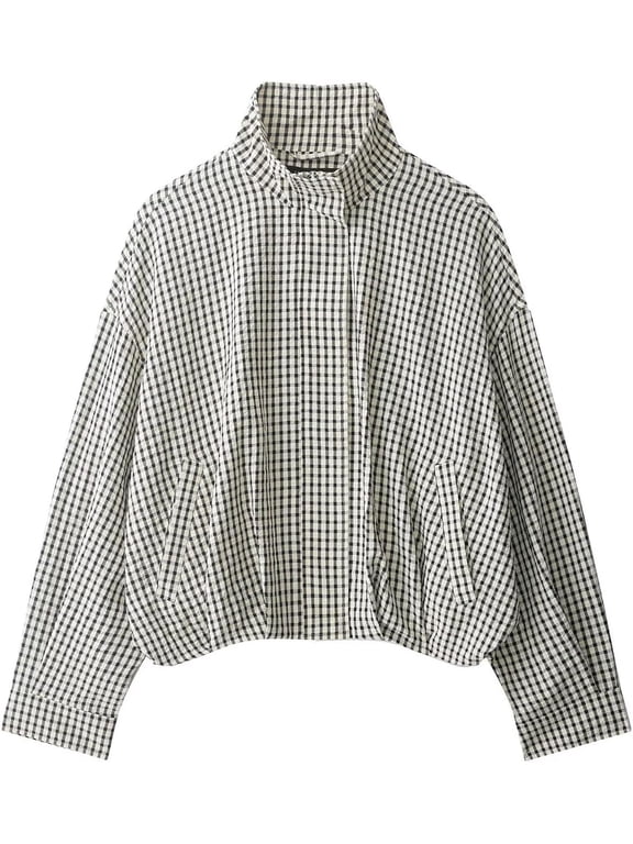 Women Plaid Jacket Oversized Zip Up Stand Collar Cropped Coat, Gingham Bomber Jacket with Pockets Long Sleeve Casual Windbreaker Outerwear for Fall Spring