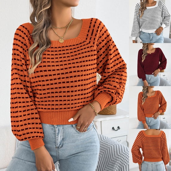 Women Plaid Knit Sweater Squares Neck Long Puff Sleeve Waist Cuffs Short Knitwear Pullover Tops for Casual Daily Wear Orange XL