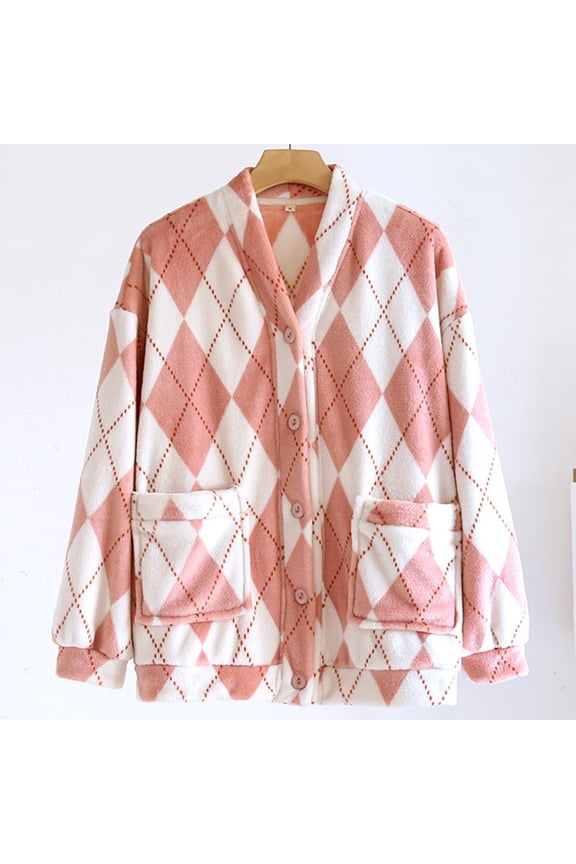 Women Plaid Loungewear Tops Button down Pajama Shirts Fuzzy Fleece Home Jacket Winter Warm Coat with Pockets New Pinky M