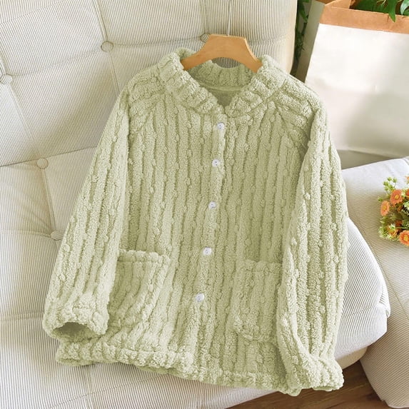 Women Plaid Pajama Flannel Plush Crew Neck Button Down Cardigan Thick Thermal Fall Winter Home Wear With Pockets (L, Mint Green)