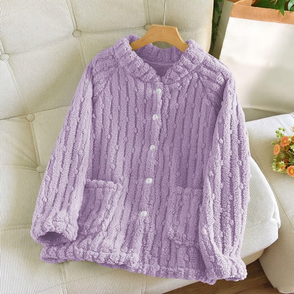 Women Plaid Pajama Flannel Plush Crew Neck Button Down Cardigan Thick Thermal Fall Winter Home Wear With Pockets (XL, Purple-B)