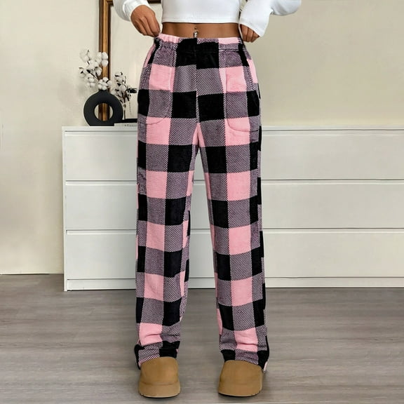Women Plaid Pajama Pants Long Sleep Pant with 2 Pockets Sleepwear Pink S