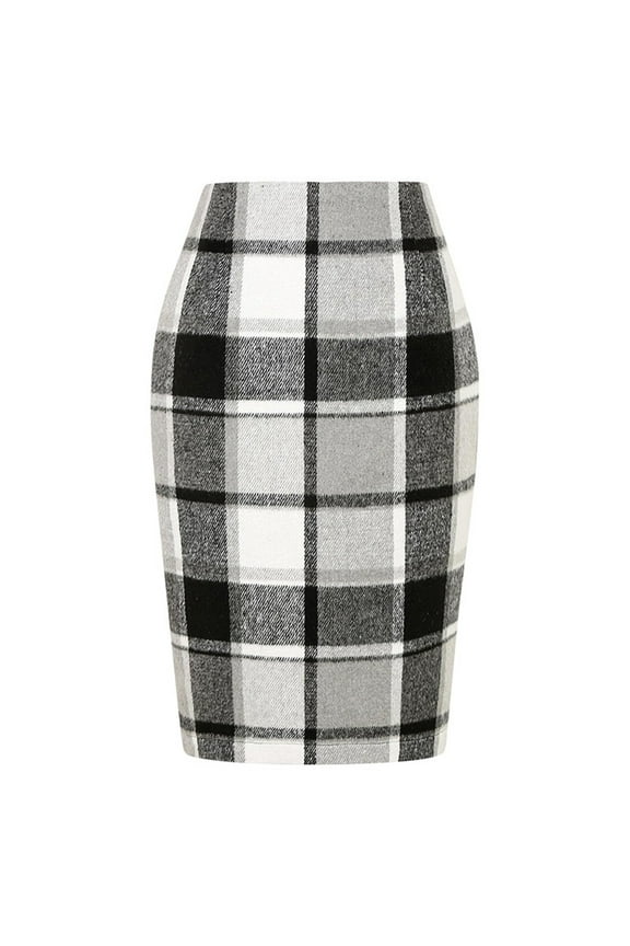 Women Plaid Pattern High Waist Pencil Skirt Slim Fit Office Wear Above Knee Length Classic Style Skirt for Ladies Gray L