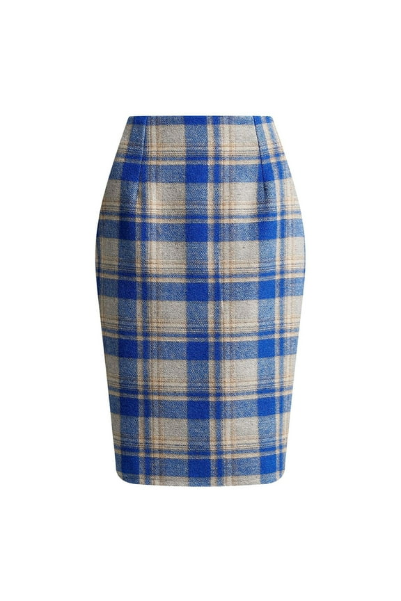 Women Plaid Pencil Skirt High Waist Fitted Bodycon Skirt Classic Check Pattern Knee Length Skirt for Office Casual Wear Blue 2XL