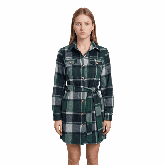Women Plaid Polyester Shirt Dresses, Casual Color Block Long Sleeve Fake Pocket Belted Woolen-Look Mini Shirt Dress