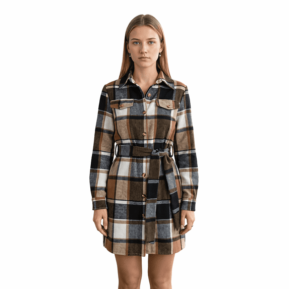 Women Plaid Polyester Shirt Dresses, Casual Color Block Long Sleeve Fake Pocket Belted Woolen-Look Mini Shirt Dress