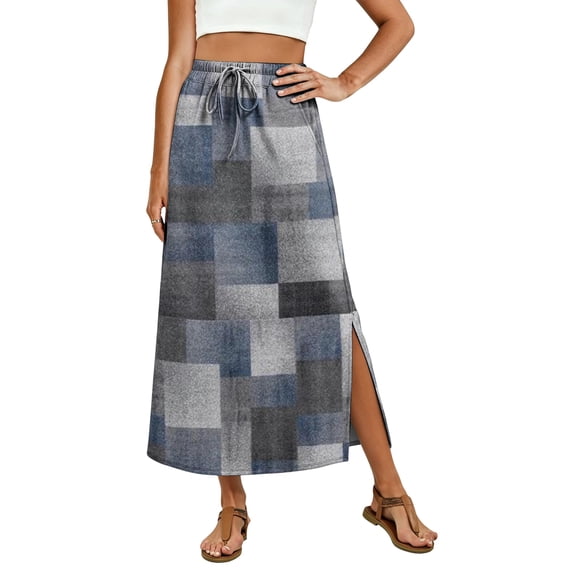 Women Plaid Print Long Skirts Summer Drawstring Waist Slimming Beach Elastic High Waisted Casual Maxi Skirts Gray 2XL
