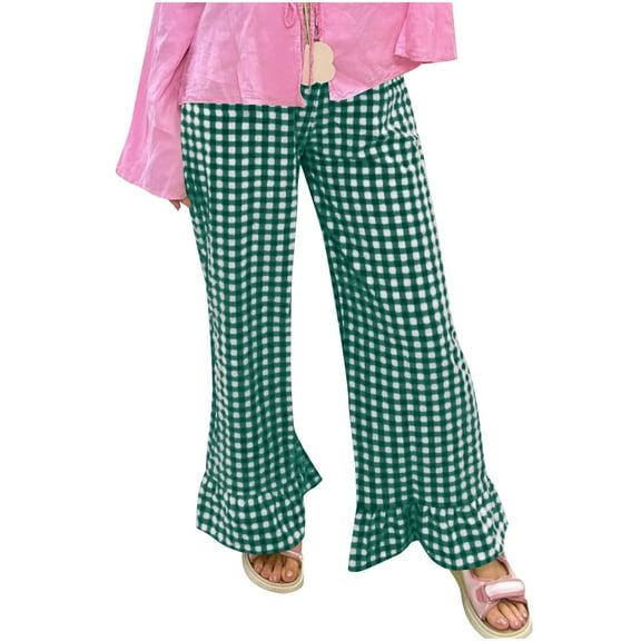 Women Plaid Print Pants Casual Loose High Waist Boho Ruffle Hem Wide Leg Palazzo Pants Fall Outfits 2025 Trendy