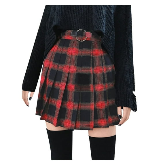 Women Plaid Print Skirt Sexy Stretch High Waist Pleated Skirt Girls Casual Stitching Tie A-Line Mini Skirt