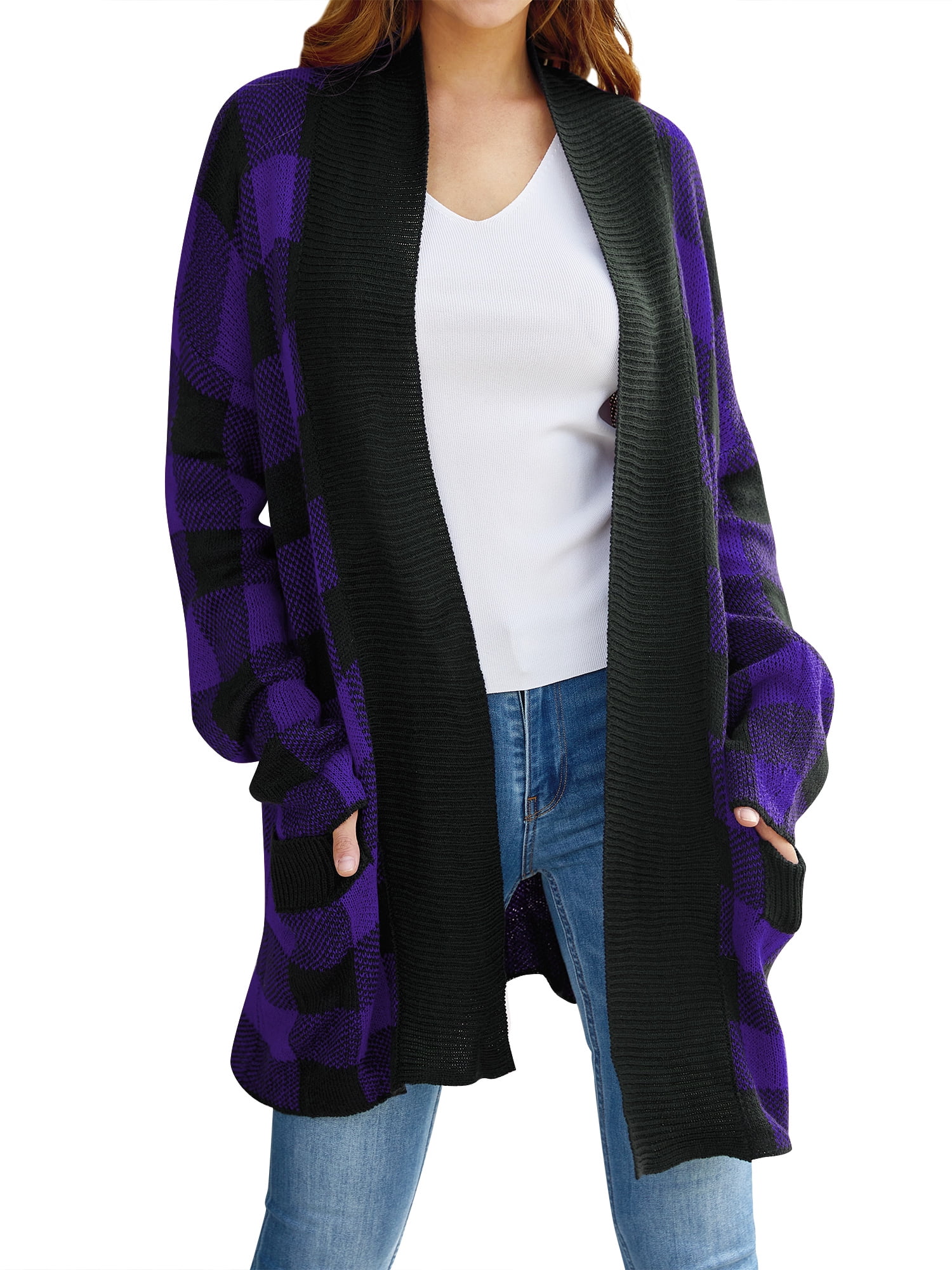 ZXSXSY Women Plaid Printed Open Front Pockets Long Sleeve Winter