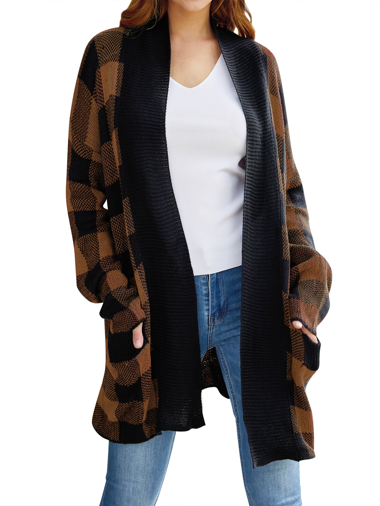 Women Plaid Printed Open Front Pockets Long Sleeve Winter Sweater ...