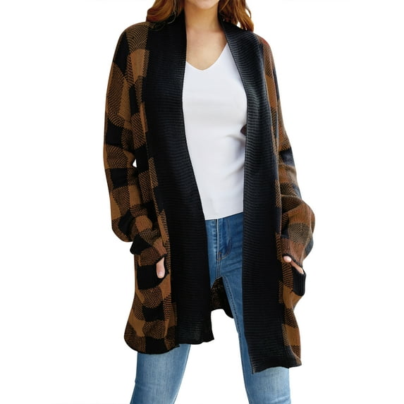 ZXSXSY Women Plaid Printed Open Front Pockets Long Sleeve Winter Sweater Cardigan