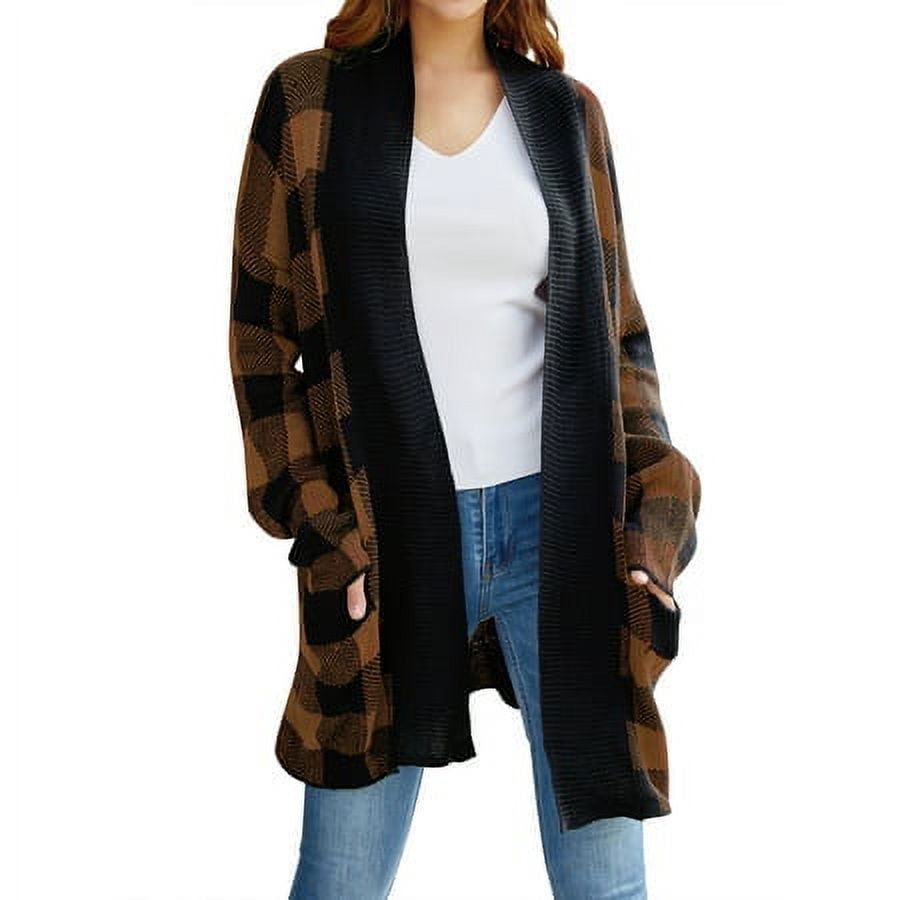 トップス mideal plaid pattern cardigan ZXSXSY Women Plaid Printed Open Front Pockets Long Sleeve Winter