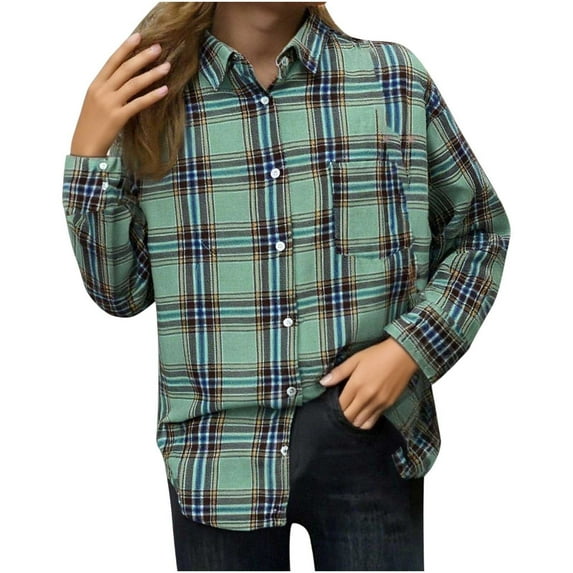 Women Plaid Printed Shirts Tops Lapel Long Sleeve Checkered Print Blouses Top Open-Front Button Sweatshirt Bussiness Office Outwear