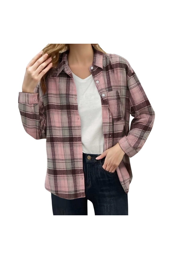 Women Plaid Printed Shirts Tops Lapel Long Sleeve Checkered Print Blouses Top Open-Front Button Sweatshirt Bussiness Office Outwear