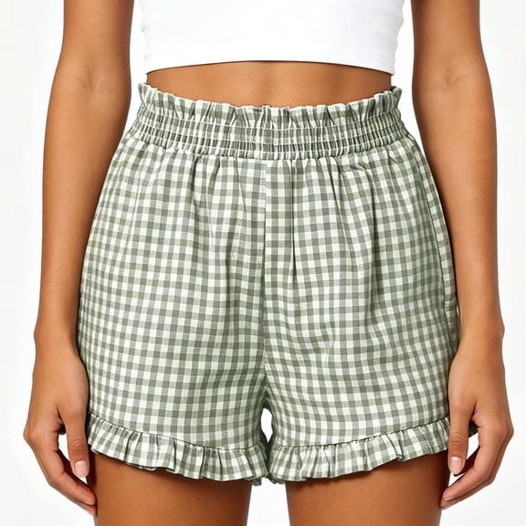 Women Plaid Ruffle Shorts Elastic Smocked Waist Loose Fitting Beach Vacation Shorts for Summer Casual Streetwear Green S