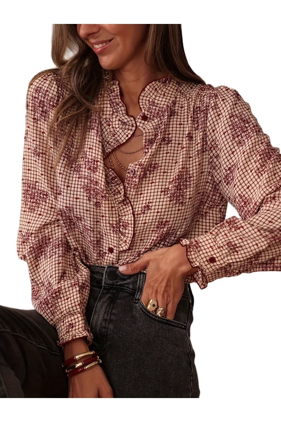 Women Plaid Ruffle V Neck Button Down Blouse Casual Long Sleeve Gingham Work Checkered Shirt Flower Color M