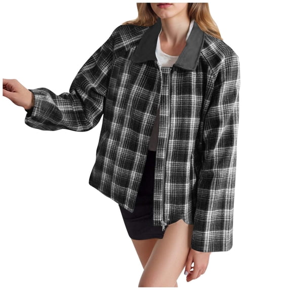 Women Plaid Shacket Casual Long Sleeve Loose Jacket Full Zip Up Lapel Lightweight Coat Fall Winter Warm Outerwear with Pocket