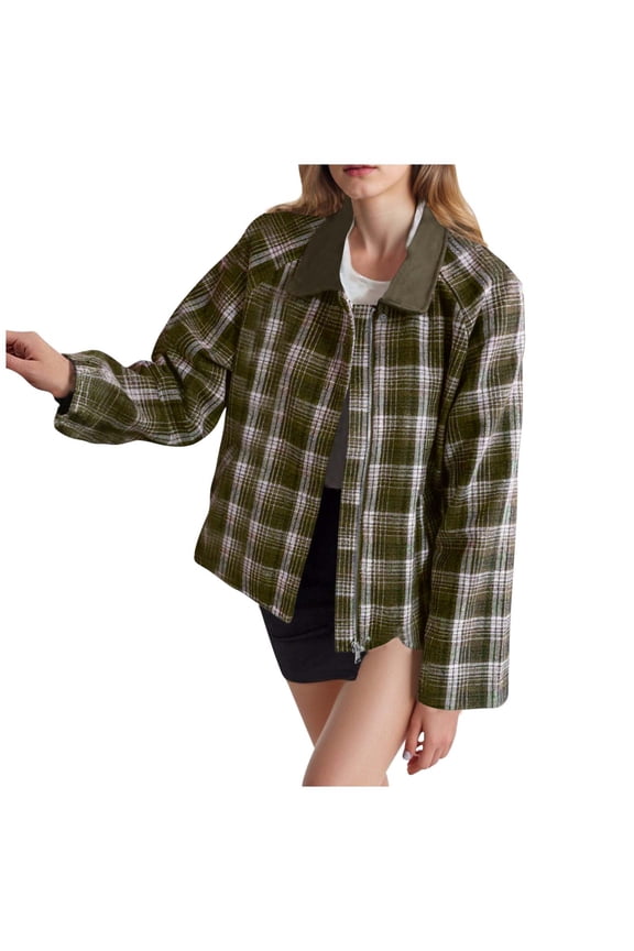 Women Plaid Shacket Casual Long Sleeve Loose Jacket Full Zip Up Lapel Lightweight Coat Fall Winter Warm Outerwear with Pocket