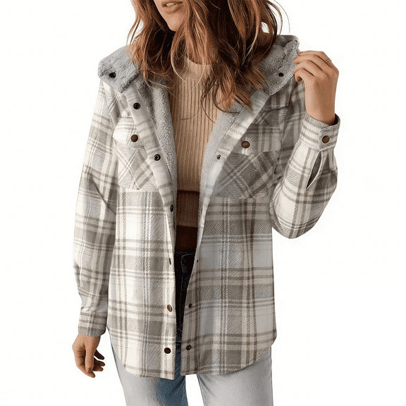 Women Long Sleeve Button Down Plaid Warm Hooded Jacket Women Fleece Plaid Shacket Jacket