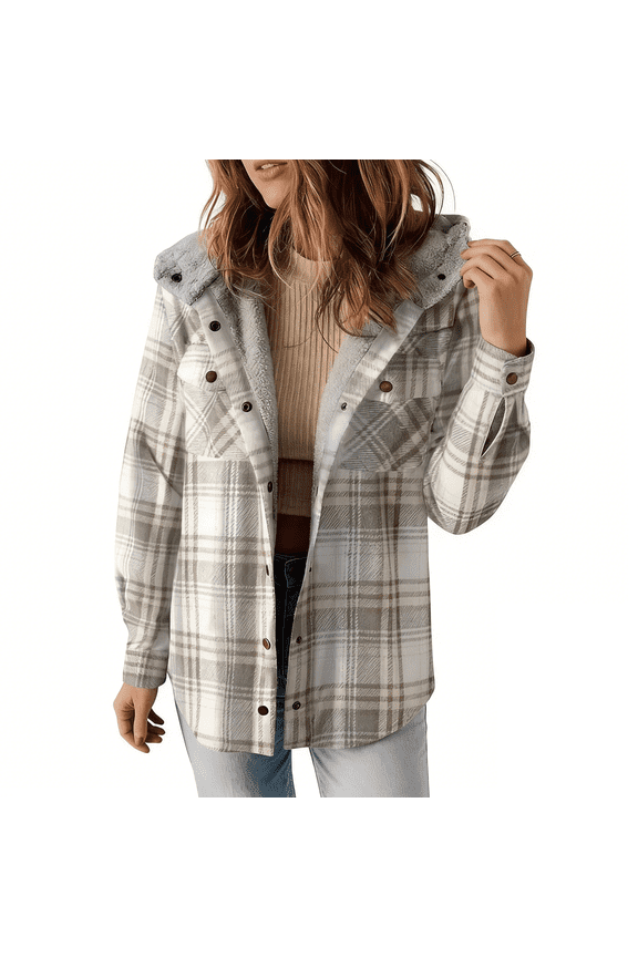 Women Long Sleeve Button Down Plaid Warm Hooded Jacket Women Fleece Plaid Shacket Jacket