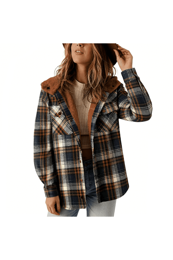 Women Long Sleeve Button Down Plaid Warm Hooded Jacket Women Fleece Plaid Shacket Jacket