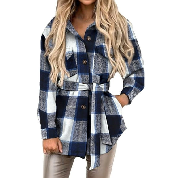 Women Plaid Shacket Jacket Fall Casual Button Down Long Sleeve Coat Winter Clothing with Pockets Belt (XXL, Blue)