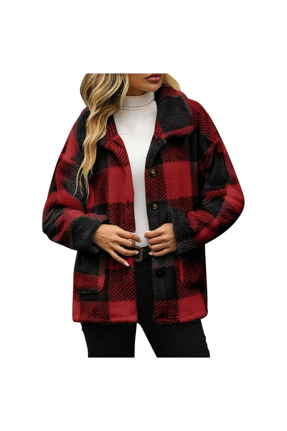 Women Plaid Shacket Jacket Fall Casual Long Sleeve Button Tartan Trench Coat Winter Clothing With Side Pockets (XL, Red)