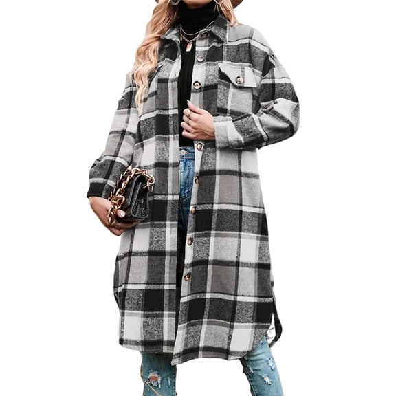 Women Plaid Shacket Jacket Long Corduroy Shirt Casual Lapel Button Down Flannel Trench Coats Gray M