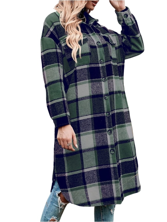 Women Plaid Shacket Jacket Long Corduroy Shirt Casual Lapel Button Down Flannel Trench Coats Green M