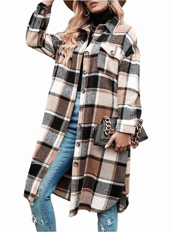 Women Plaid Shacket Jacket Long Corduroy Shirt Casual Lapel Button Down Flannel Trench Coats Khaki M