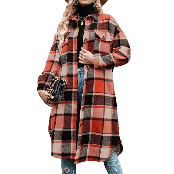 Women Plaid Shacket Jacket Long Corduroy Shirt Casual Lapel Button Down Flannel Trench Coats Tangerine Color S