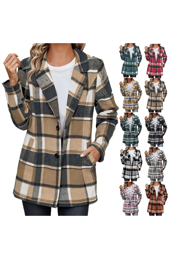 Women Plaid Shacket Jacket Trendy Fall Casual Button Wool Tartan Trench Coat with Pockets Winter Long Sleeve Outerwear Gifts for Women on Clearance S-2XL