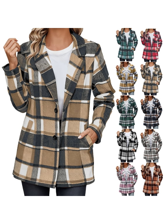 Women Plaid Shacket Jacket Trendy Fall Casual Button Wool Tartan Trench Coat with Pockets Winter Long Sleeve Outerwear Gifts for Women on Clearance S-2XL