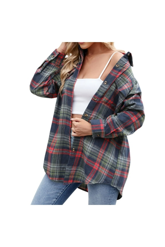 Women Plaid Shacket Jacket Trendy Fall Casual Button Wool Tartan Trench Coat Winter Clothing with Pockets Navy,L