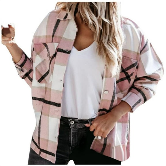 Women Plaid Shacket Jacket Trendy And Winter Plaid Lapel Woolen Cloth Coat Trench Jacket Long Overcoat Outwear Trench Coat Winter Clothing with Pockets Pink,L
