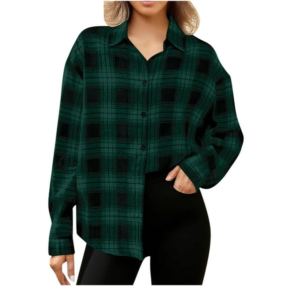Women Plaid Shacket Jacket Trendy Woman Long Sleeve Open Front Loose Outerwear Printing Blouse Coat Blouse Winter Clothing Woolen Coats Green,M