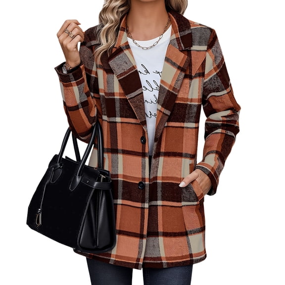 Women Plaid Shacket Jackets, Trendy Fall Winter Casual Button Peacoat Notched Lapel Blazer Coats with Pockets Orange L