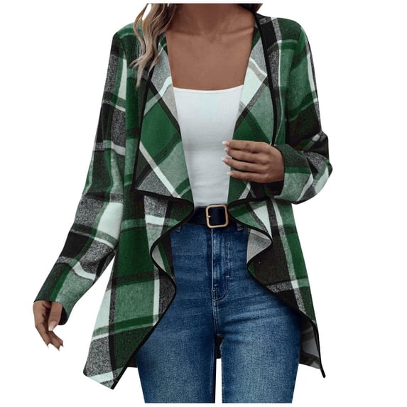 Women Plaid Shacket Wool Blend Open Front Shirt Jacket Long Sleeve Lightweight Cardigan Coat Fashion Fall Outerwear