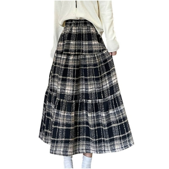Women Plaid Skirt High Waisted Skirts Pleated Flowy Dresses Wool Dress Patchwork Skirt