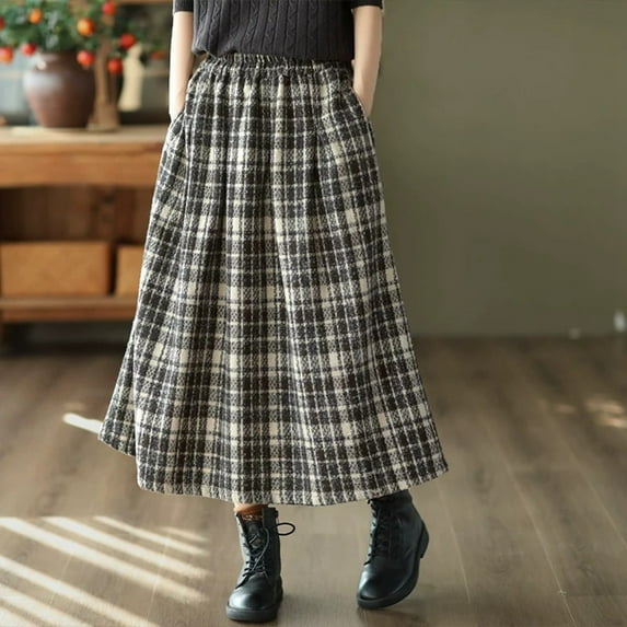 Women Plaid Skirt with Pockets Midi Length Vintage A Line Skirts (White XXL)