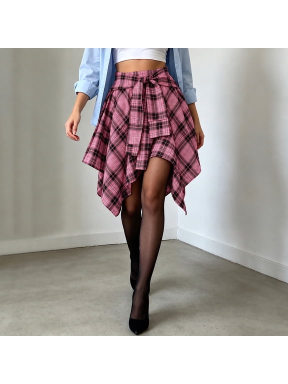 Women Plaid Skirts High Waisted Asymmetrical Mini Pleated Skater Skirts Y2K Casual Flowy Flannel Skirt (Pink S)