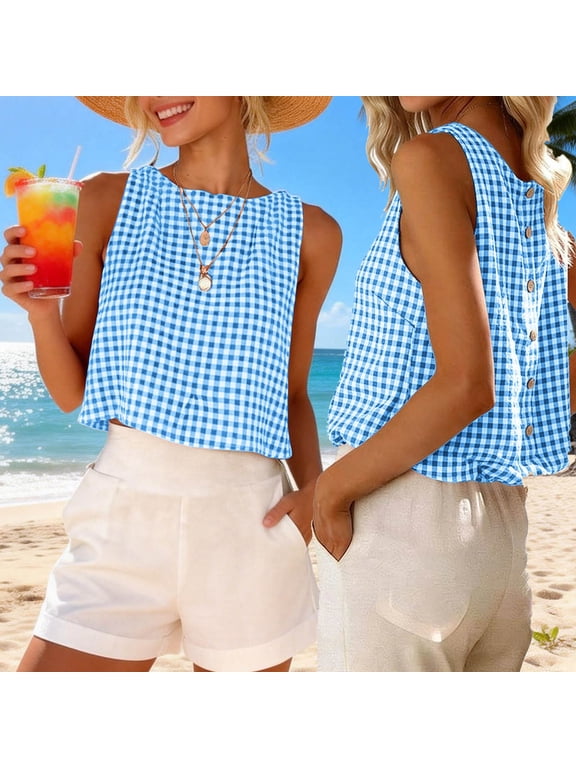 Women Plaid Sleeveless Cropped Tops, Fashion Plaid Print Loose Fitting Blouse Tank Two-Sided Wear Blue L