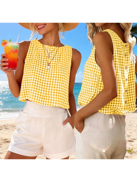 Women Plaid Sleeveless Cropped Tops, Fashion Plaid Print Loose Fitting Blouse Tank Two-Sided Wear Yellow S