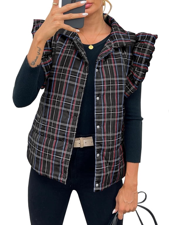 Women Christmas Plaid Sleeveless Vest Lightweight Cotton Padded Vest Autumn Winter Jacket