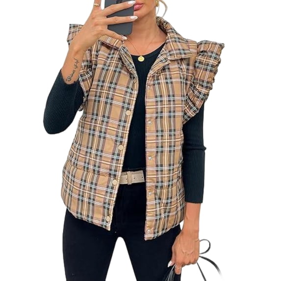 Women Plaid Sleeveless Vest Lightweight Cotton Padded Vest Autumn Winter Jacket