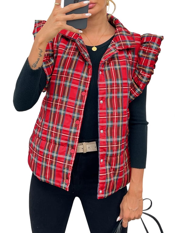 Women Christmas Red Plaid Sleeveless Vest Lightweight Cotton Padded Vest Autumn Winter Jacket